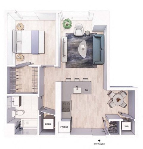 A floor plan of a kitchen with a fridge, sink, and a wardrobe.
